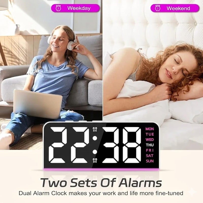 LED Digital Alarm Clock with Backlight – Time, Date, Temperature, Night Light, Snooze Function, Modern Desktop Design, Battery Memory, Auto Brightness Sensor – Powered (Purple) - Image 2