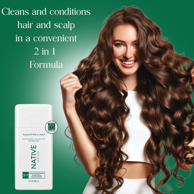 Native 2 in 1 Shampoo and Conditioner, 2 Pack Travel Size Shampoo and Conditioner for Men and Women with Naturally Derived Plant Based Ingredients, Eucalyptus and Mint Scent, 3 oz. Each - Image 5