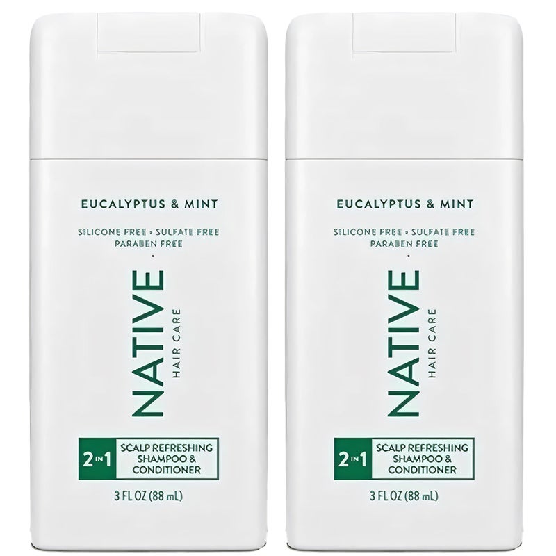 Native 2 in 1 Shampoo and Conditioner, 2 Pack Travel Size Shampoo and Conditioner for Men and Women with Naturally Derived Plant Based Ingredients, Eucalyptus and Mint Scent, 3 oz. Each - Image 1
