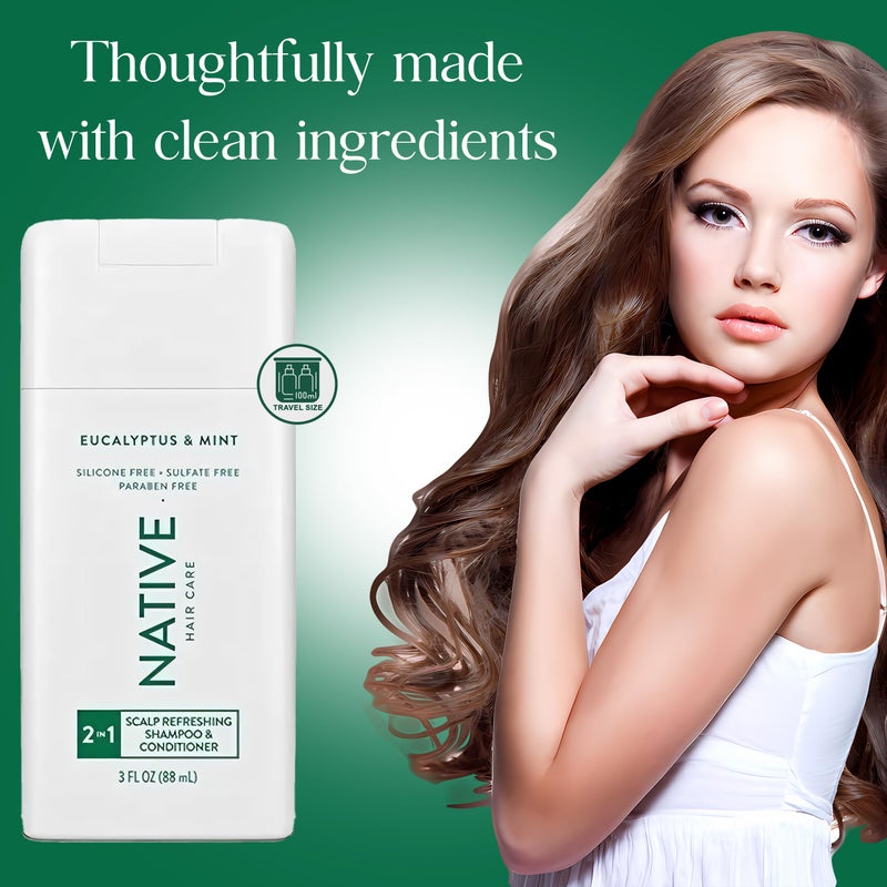 Native 2 in 1 Shampoo and Conditioner, 2 Pack Travel Size Shampoo and Conditioner for Men and Women with Naturally Derived Plant Based Ingredients, Eucalyptus and Mint Scent, 3 oz. Each - Image 3