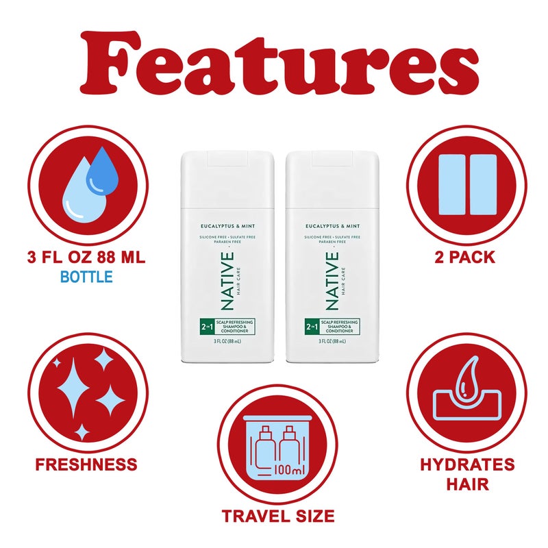 Native 2 in 1 Shampoo and Conditioner, 2 Pack Travel Size Shampoo and Conditioner for Men and Women with Naturally Derived Plant Based Ingredients, Eucalyptus and Mint Scent, 3 oz. Each - Image 2