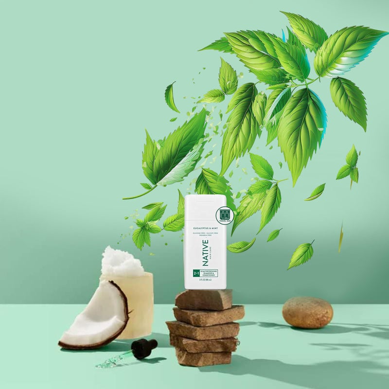 Native 2 in 1 Shampoo and Conditioner, 2 Pack Travel Size Shampoo and Conditioner for Men and Women with Naturally Derived Plant Based Ingredients, Eucalyptus and Mint Scent, 3 oz. Each - Image 4