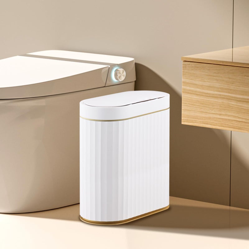 ELPHECO Bathroom Trash Can with lid 2.5 Gallon Waterproof Motion Sensor Wastebasket, Automatic Trash Bin Bathroom Decor for Bedroom and Office White with Golden Trim - Image 2