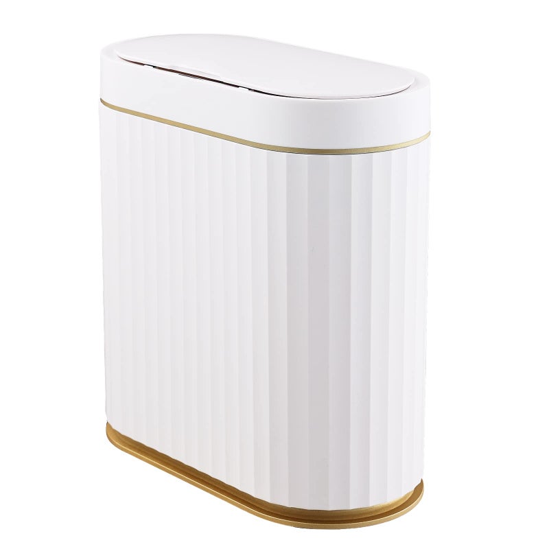 ELPHECO Bathroom Trash Can with lid 2.5 Gallon Waterproof Motion Sensor Wastebasket, Automatic Trash Bin Bathroom Decor for Bedroom and Office White with Golden Trim - Image 1