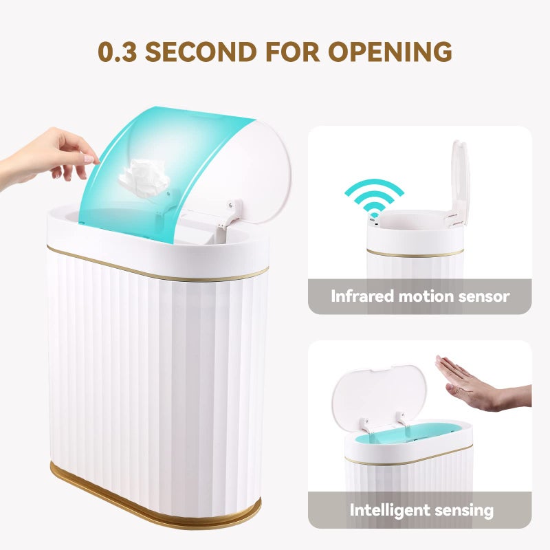 ELPHECO Bathroom Trash Can with lid 2.5 Gallon Waterproof Motion Sensor Wastebasket, Automatic Trash Bin Bathroom Decor for Bedroom and Office White with Golden Trim - Image 4