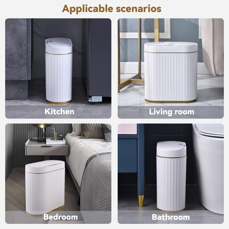 ELPHECO Bathroom Trash Can with lid 2.5 Gallon Waterproof Motion Sensor Wastebasket, Automatic Trash Bin Bathroom Decor for Bedroom and Office White with Golden Trim - Image 5