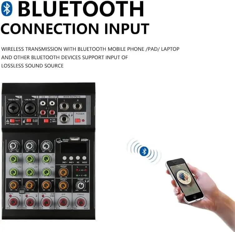 K-H Digital Audio Mixer 4 Channel Mini Digital Audio Mixer DJ Controller Mini Karaoke Mixer USB/BT Effects Interface Mixer Audio Interface Channels Mini Audio Interface For Recording (4 Channel), Black - Image 4