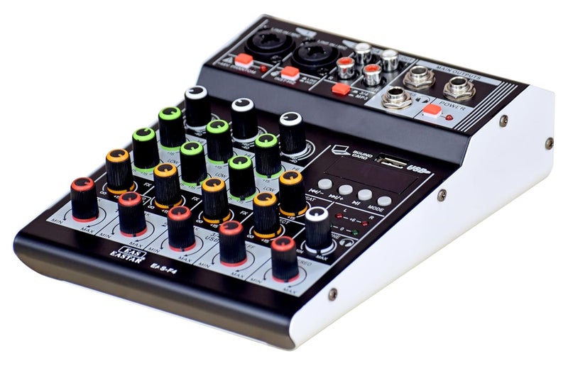 K-H Digital Audio Mixer 4 Channel Mini Digital Audio Mixer DJ Controller Mini Karaoke Mixer USB/BT Effects Interface Mixer Audio Interface Channels Mini Audio Interface For Recording (4 Channel), Black - Image 2