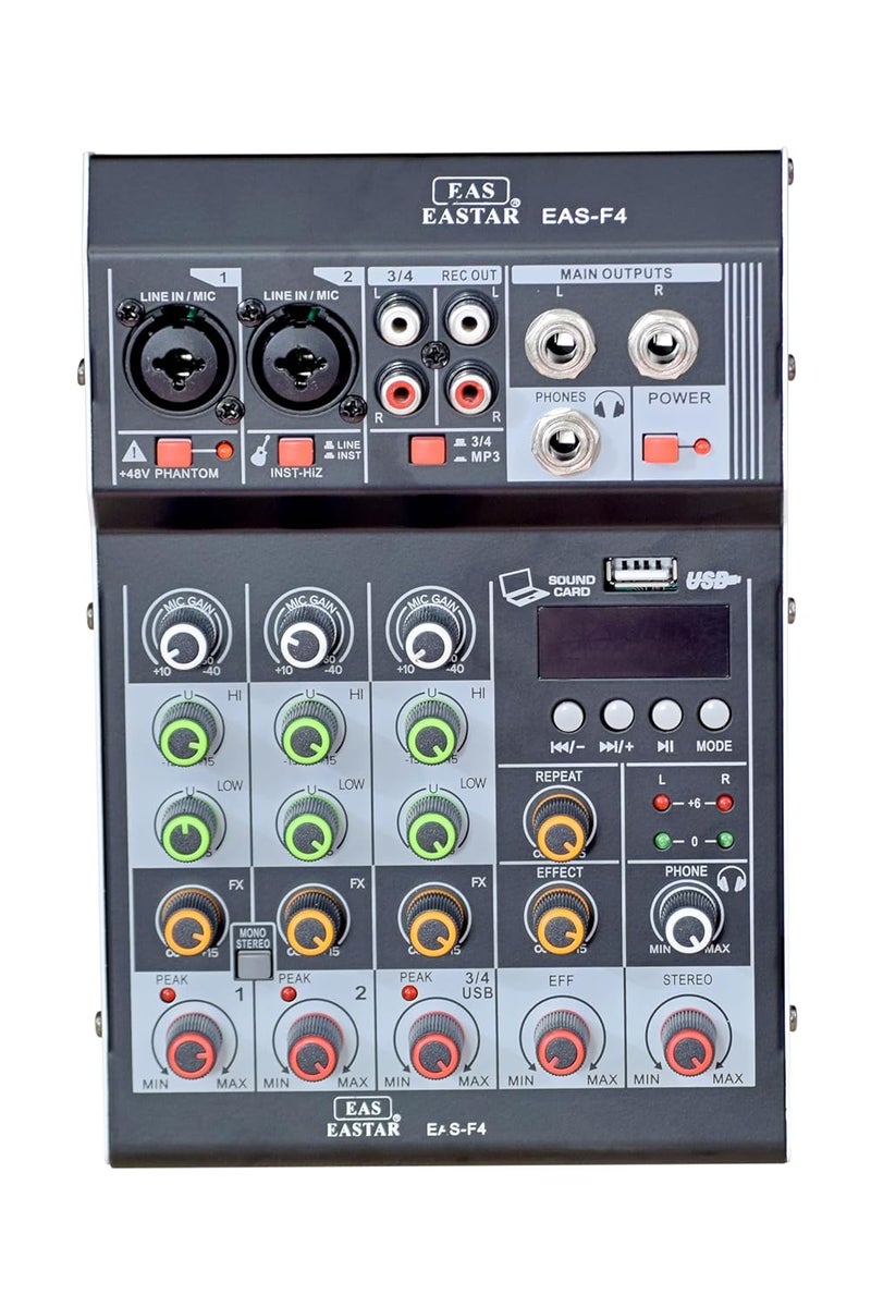 K-H Digital Audio Mixer 4 Channel Mini Digital Audio Mixer DJ Controller Mini Karaoke Mixer USB/BT Effects Interface Mixer Audio Interface Channels Mini Audio Interface For Recording (4 Channel), Black - Image 1