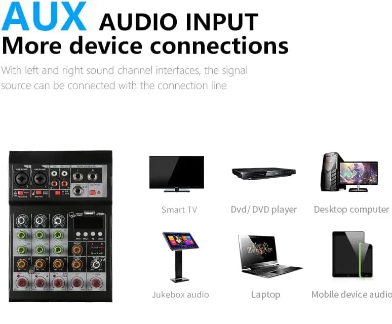 K-H Digital Audio Mixer 4 Channel Mini Digital Audio Mixer DJ Controller Mini Karaoke Mixer USB/BT Effects Interface Mixer Audio Interface Channels Mini Audio Interface For Recording (4 Channel), Black - Image 5