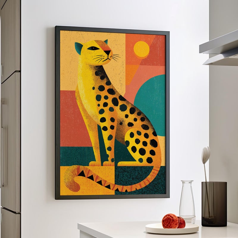 TNESSENTIAL Cute Yellow Abstract Leopard Retro Minimalist Art Poster or Canvas Print, Geometric Bold Lines Art, Bright Colors Asymmetrical Collage Decor - Image 1