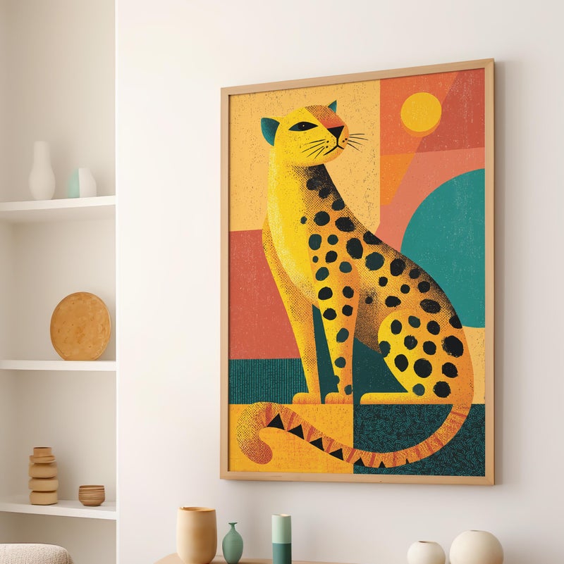 TNESSENTIAL Cute Yellow Abstract Leopard Retro Minimalist Art Poster or Canvas Print, Geometric Bold Lines Art, Bright Colors Asymmetrical Collage Decor - Image 3