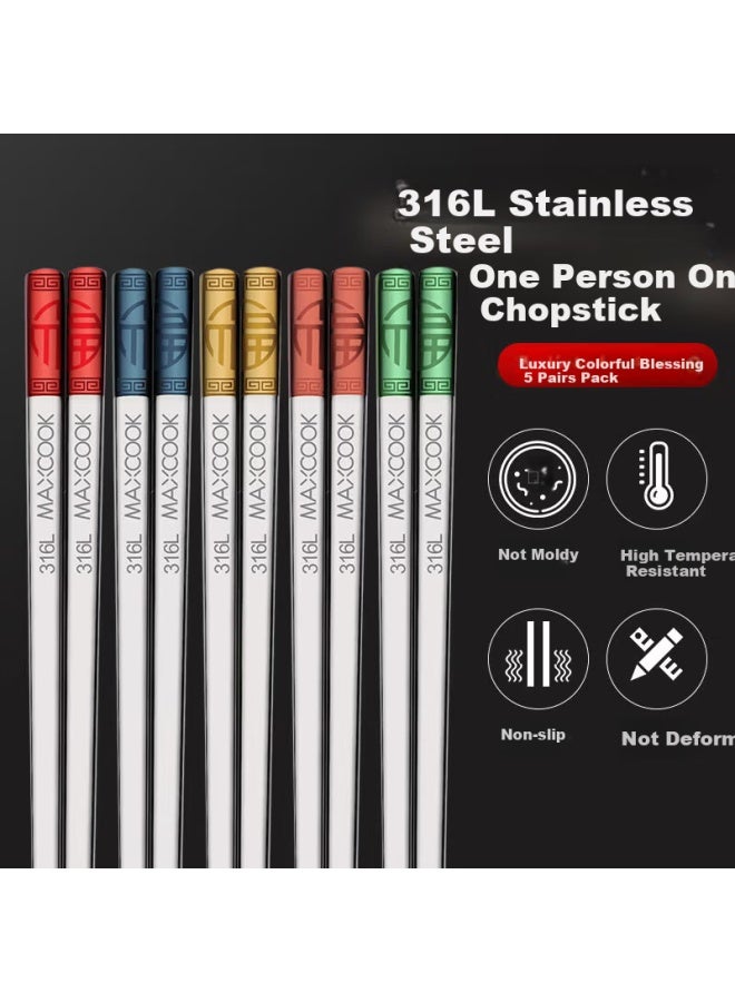 MAX COOK Meichun 316l Stainless Steel Chopsticks, Color-coded Chopsticks, Divided Chopsticks, Family Chopsticks, Tableware Set, 5 Pairs, Mck7192 - Image 1