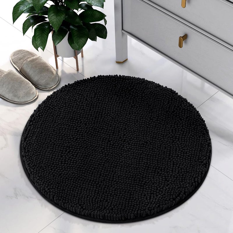 HOMEIDEAS Round Bathroom Rug, Luxury Chenille Shaggy Extra Soft and Absorbent Non Slip Machine Washable Bath Mat (Black, 2 Ft) - Image 1