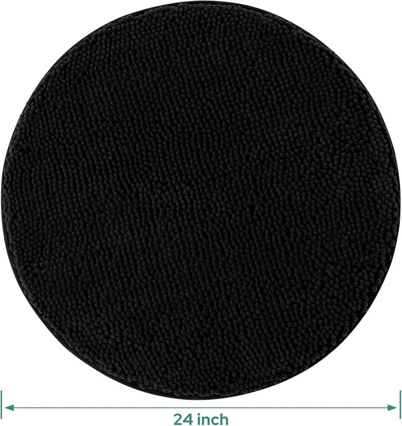HOMEIDEAS Round Bathroom Rug, Luxury Chenille Shaggy Extra Soft and Absorbent Non Slip Machine Washable Bath Mat (Black, 2 Ft) - Image 2