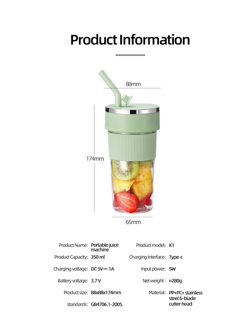 City Portable Blender,Portable Blender for Smoothies & Shakes,Mini Personal Blender, with Silicone Straw, USB Rechargeable, 6 Juice Blending Blades, for Kitchen, Home, Travel, Office, Sports, Gym,350ml,(K1-Green) - Image 2