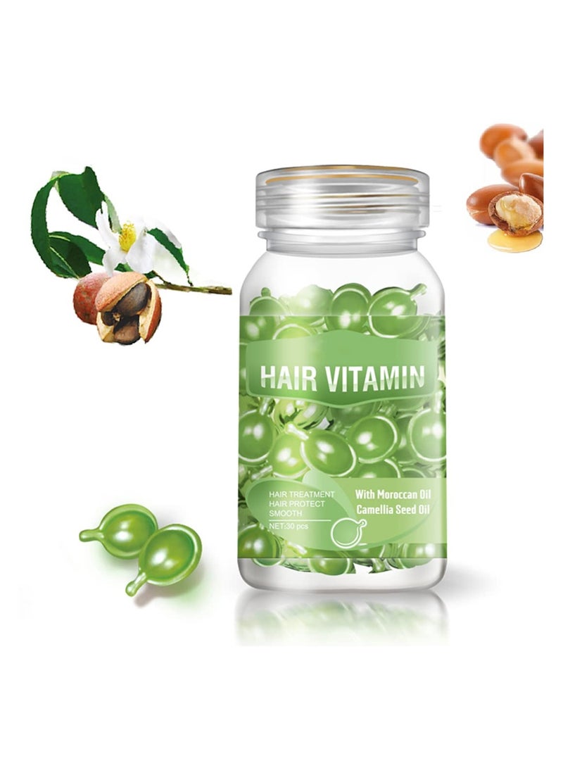 SOLARAE كبسولات سيروم فيتامين الشعر 30 قطعة، زيت الأركان وزيت المكاديميا، زيت مركب لماسكات الشعر الناعمة والحريرية، إصلاح زيت الشعر، نمو وإصلاح الشعر الحريري للشعر الجاف والمجعد (أخضر) - Image 1