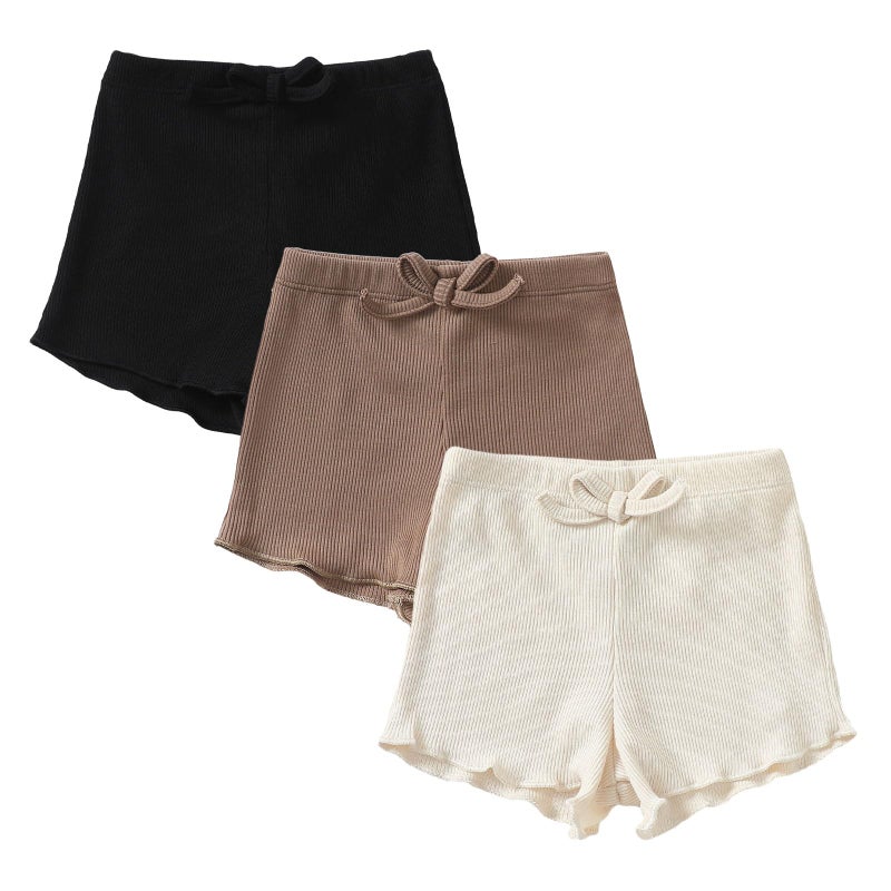 SOBOWO Baby Girl Shorts 12-18 Months Toddler Girl Shorts Ribbed 3 Pack Baby Girls Solid Soft Elastic Waist Casual Playing Summer Short Pants(Black/Beige/Brown, 12-18 Months) - Image 1
