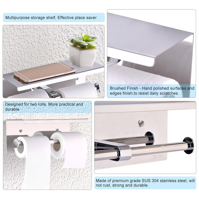 Wall Mounted SUS 304 Stainless Steel Double Roll Toilet Paper Holder, Dual Paper Tissue Roll - Image 3