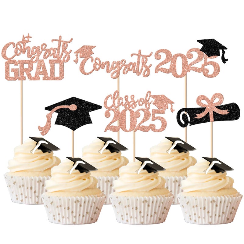 Rsstarxi 24 Pack Class of 2025 Cupcake Toppers 2025 Graduation Congrats Grad Diploma Cap Cupcake Picks Decors for So Proud of You 2025 Graduation Theme Party Cake Decorations Rose Gold - Image 1