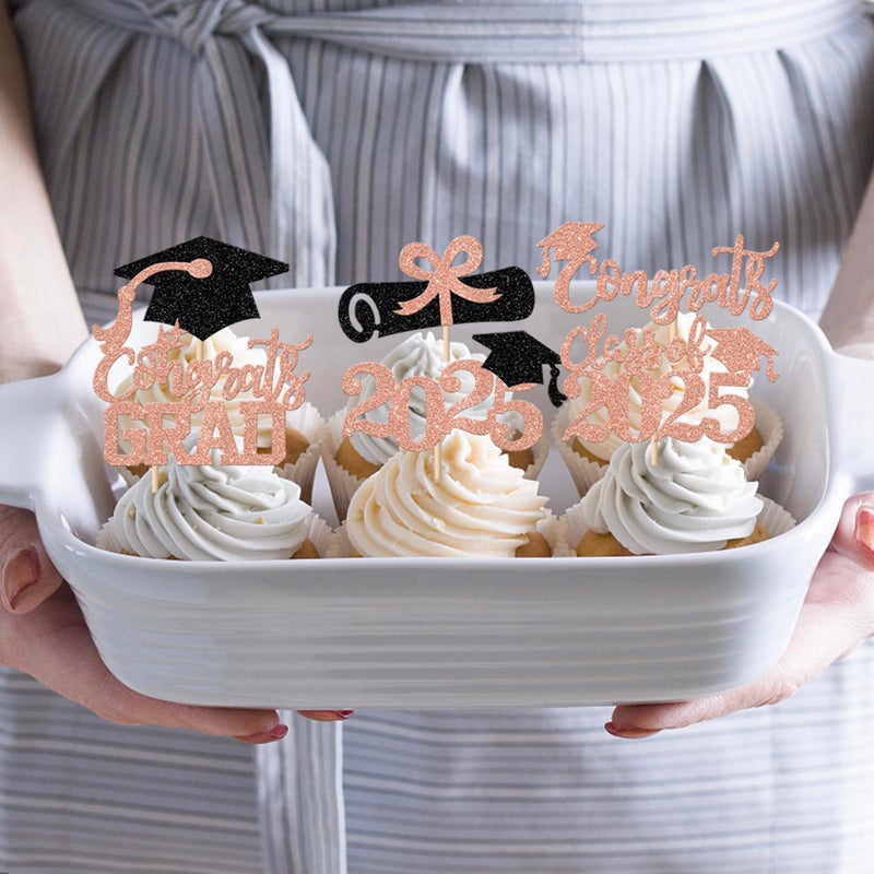 Rsstarxi 24 Pack Class of 2025 Cupcake Toppers 2025 Graduation Congrats Grad Diploma Cap Cupcake Picks Decors for So Proud of You 2025 Graduation Theme Party Cake Decorations Rose Gold - Image 3