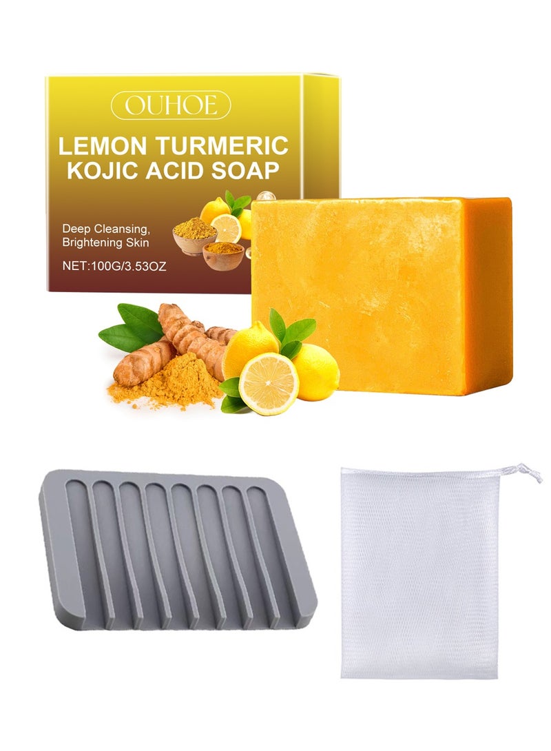 OUHOE Lemon Kojic Acid Turmeric Soap with Soap Box & Foaming Net Set - Vitamin C Turmeric Soap with  Foaming Net - Reduce Dark Spot for Face and Body - Image 1