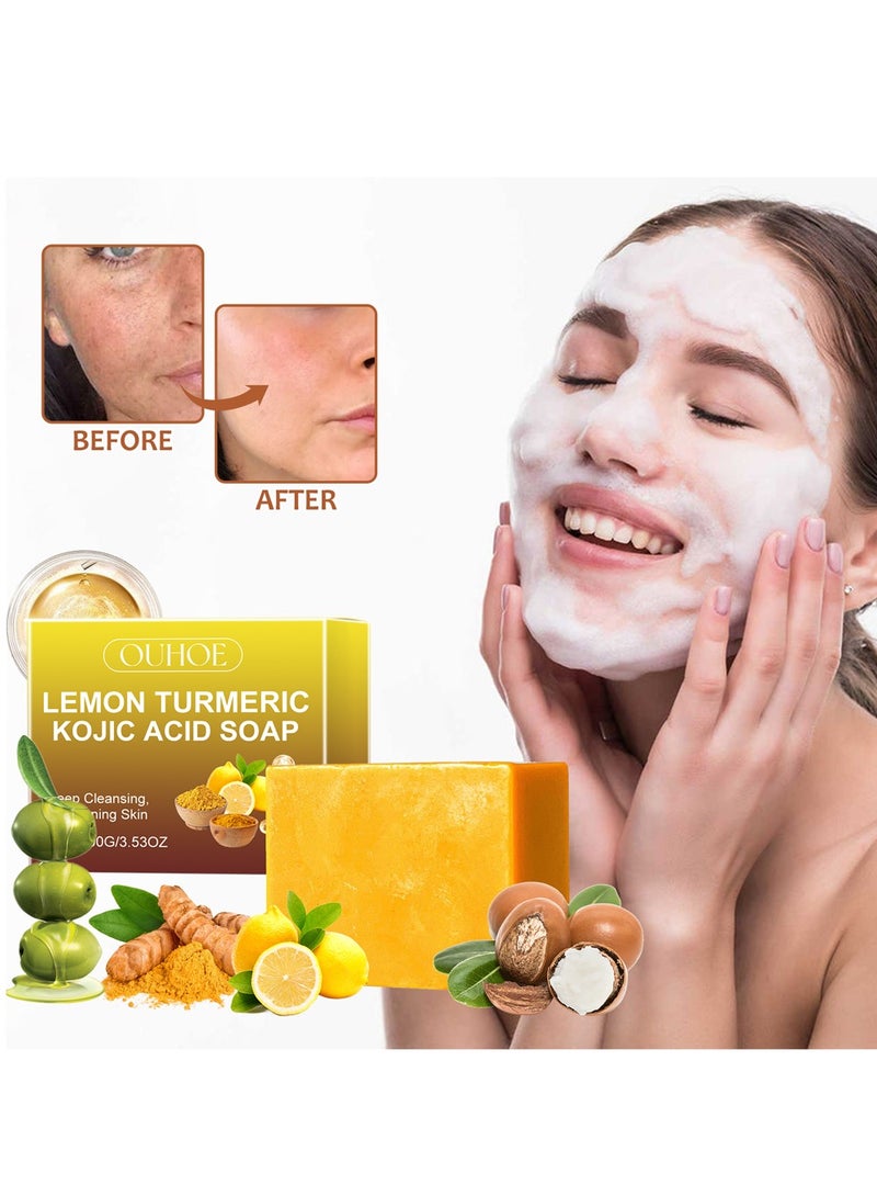 OUHOE Lemon Kojic Acid Turmeric Soap with Soap Box & Foaming Net Set - Vitamin C Turmeric Soap with  Foaming Net - Reduce Dark Spot for Face and Body - Image 2