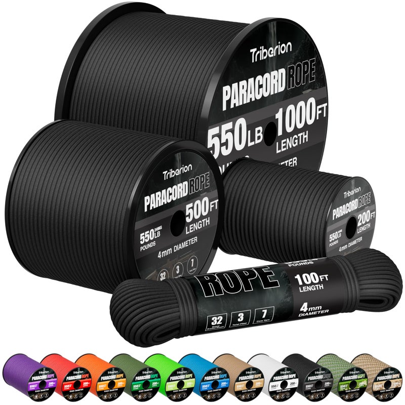 Triberion Paracord Rope 550 lb - 100ft 5/32" Parachute Cord 4MM 7-Strand para Cord - Heavy Duty Spool String for Survival,Camping Gear, Survival Bracelet, Clothesline - Black - Image 1