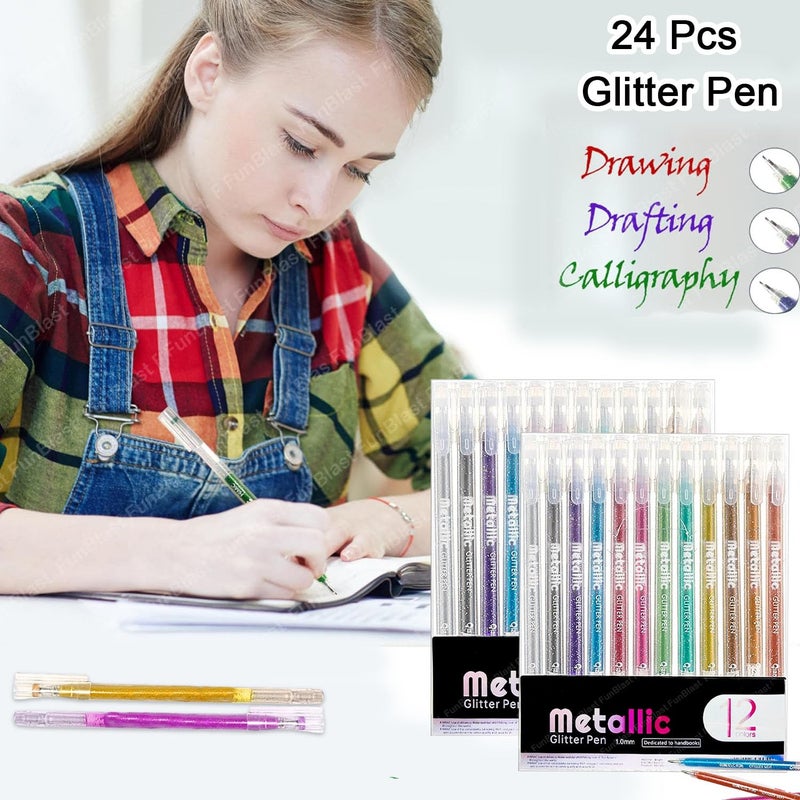 FunBlast Metallic Glitter Pen – 24 Pcs Colors Glitter Neon Pens, Ultra Fine Colour Pens for Sketching, Painting, Drawing, DIY Art Crafts & Coloring Pens for Adults and Kids - Image 2