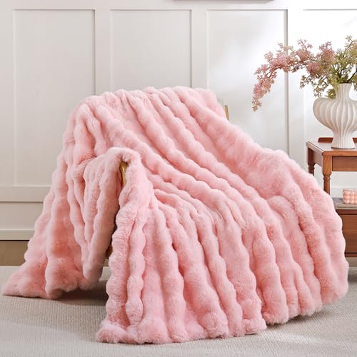 Smoofy Faux Fur Throw Blanket for Couch – Blush Pink Fluffy Cozy Rabbit Fleece, Plush Soft Bubble Blanket for Sofa & Bed, for Mom, Warm Fuzzy Home Room Decor Throw 50" x 60" - Image 1
