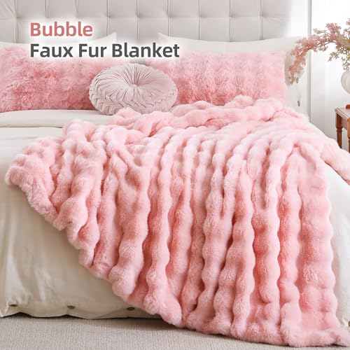 Smoofy Faux Fur Throw Blanket for Couch – Blush Pink Fluffy Cozy Rabbit Fleece, Plush Soft Bubble Blanket for Sofa & Bed, for Mom, Warm Fuzzy Home Room Decor Throw 50" x 60" - Image 2