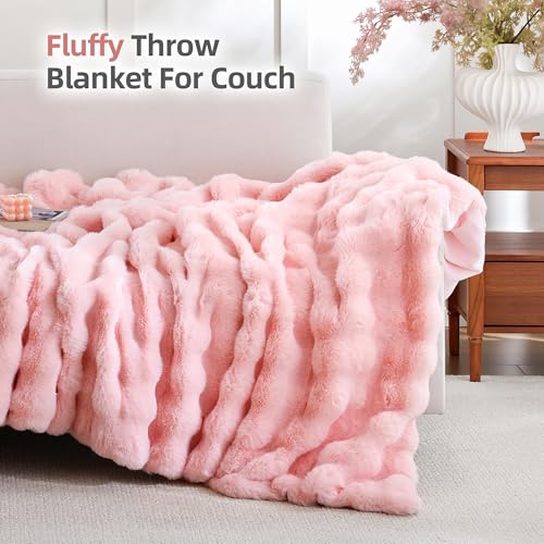 Smoofy Faux Fur Throw Blanket for Couch – Blush Pink Fluffy Cozy Rabbit Fleece, Plush Soft Bubble Blanket for Sofa & Bed, for Mom, Warm Fuzzy Home Room Decor Throw 50" x 60" - Image 3