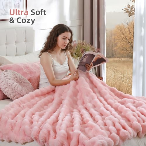 Smoofy Faux Fur Throw Blanket for Couch – Blush Pink Fluffy Cozy Rabbit Fleece, Plush Soft Bubble Blanket for Sofa & Bed, for Mom, Warm Fuzzy Home Room Decor Throw 50" x 60" - Image 5