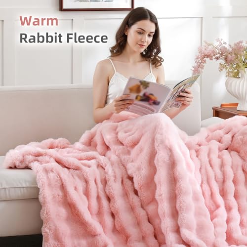 Smoofy Faux Fur Throw Blanket for Couch – Blush Pink Fluffy Cozy Rabbit Fleece, Plush Soft Bubble Blanket for Sofa & Bed, for Mom, Warm Fuzzy Home Room Decor Throw 50" x 60" - Image 4