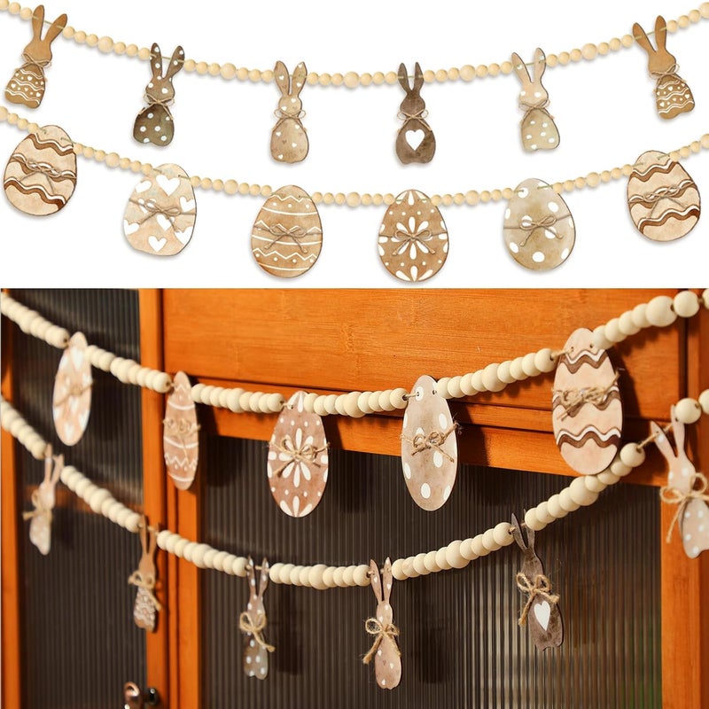 Marsui 2 Pcs 6 FT Easter Day Wooden Beads Garland Rustic Farmhouse Banner Spring Garland Easter Mantel Decorations Rabbit Egg Beaded Tiered Tray Decor for Celebration Shelf Display Fireplace Wall - Image 2