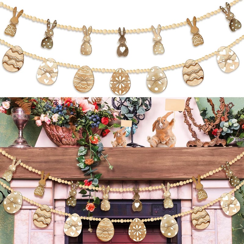 Marsui 2 Pcs 6 FT Easter Day Wooden Beads Garland Rustic Farmhouse Banner Spring Garland Easter Mantel Decorations Rabbit Egg Beaded Tiered Tray Decor for Celebration Shelf Display Fireplace Wall - Image 1