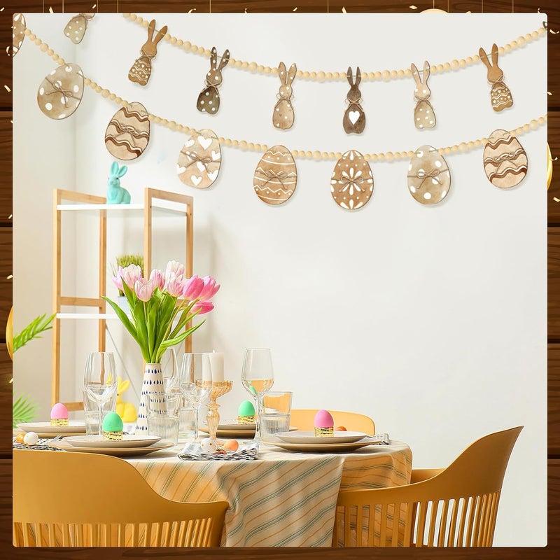 Marsui 2 Pcs 6 FT Easter Day Wooden Beads Garland Rustic Farmhouse Banner Spring Garland Easter Mantel Decorations Rabbit Egg Beaded Tiered Tray Decor for Celebration Shelf Display Fireplace Wall - Image 4
