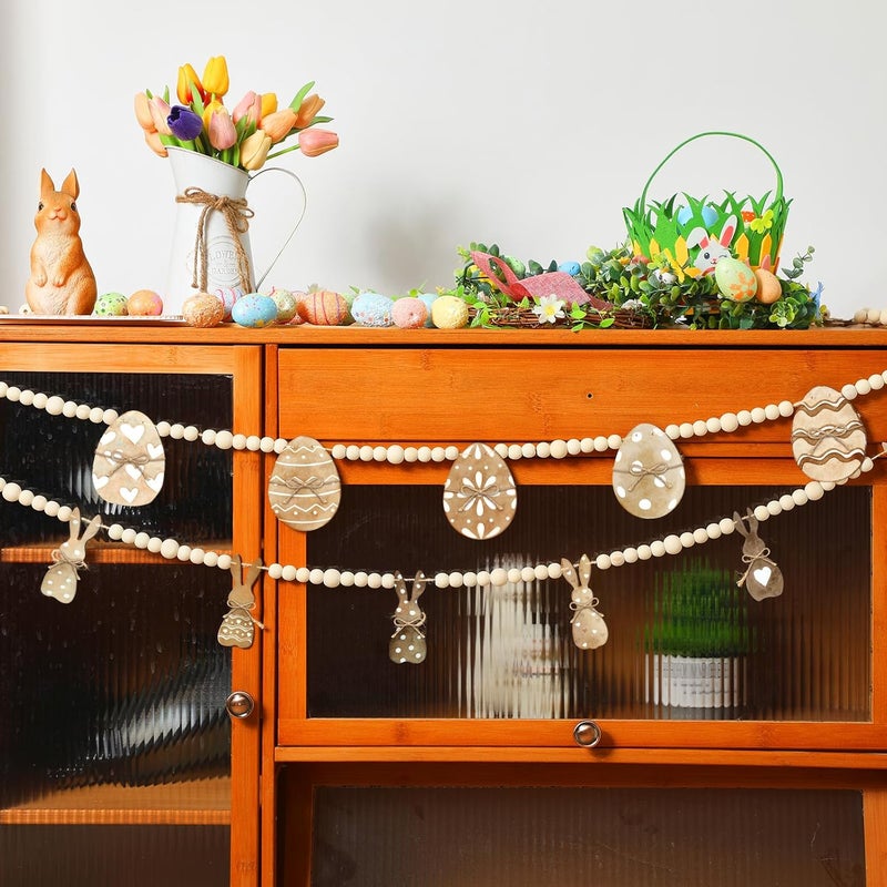 Marsui 2 Pcs 6 FT Easter Day Wooden Beads Garland Rustic Farmhouse Banner Spring Garland Easter Mantel Decorations Rabbit Egg Beaded Tiered Tray Decor for Celebration Shelf Display Fireplace Wall - Image 5