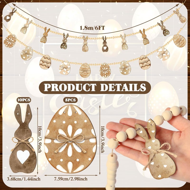 Marsui 2 Pcs 6 FT Easter Day Wooden Beads Garland Rustic Farmhouse Banner Spring Garland Easter Mantel Decorations Rabbit Egg Beaded Tiered Tray Decor for Celebration Shelf Display Fireplace Wall - Image 3