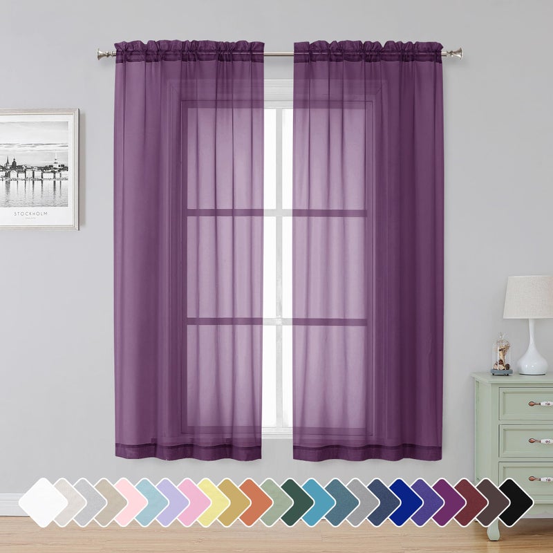 Simplebrand Plum Sheer Curtains 63 Inch Length 2 Panels, Rod Pocket Solid Color Window Sheer Curtain Panels, Elegant Curtains & Drapes for Living Room, Bedroom 2 Panels (Plum, 42" W x 63" L) - Image 1