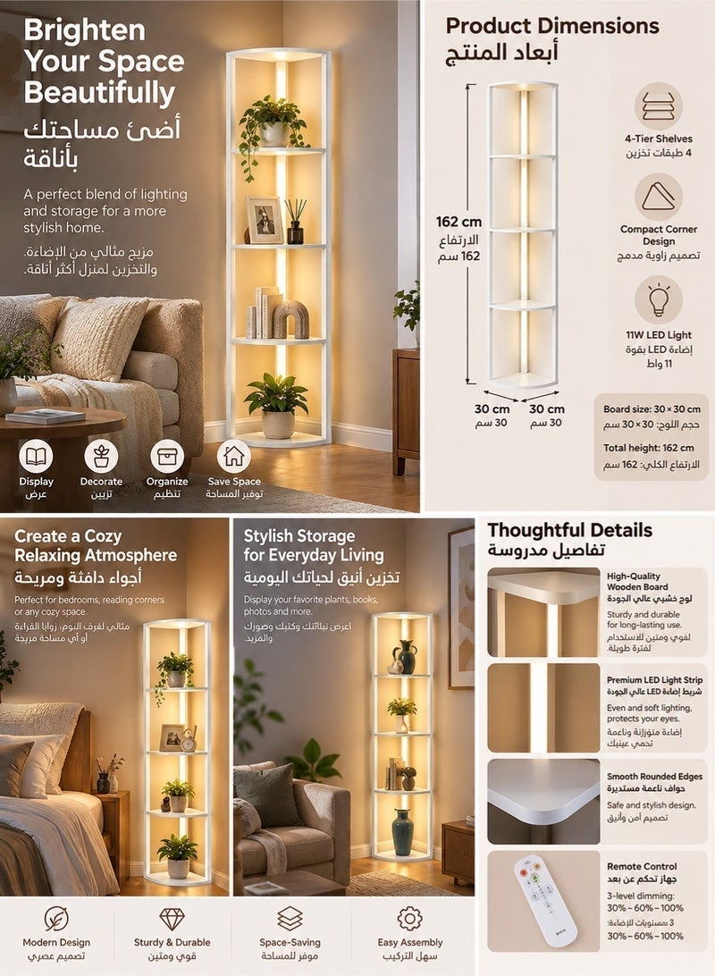 Sharpdo Floor Lamp with Shelves, 3-Level Dimmable LED Bookshelf Floor Lamp with Remote Control, 4-Tier Tall Standing Lamp for Living Room Bedroom Corner Display, White (163cm) 11W - Image 4