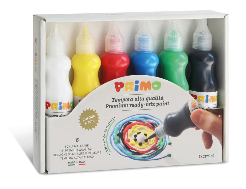 PRIMO Tempera Paint Bottle Set, 75ml, 6-Colors, Classic, Non-Toxic, Washable, for Young Artists - Image 1