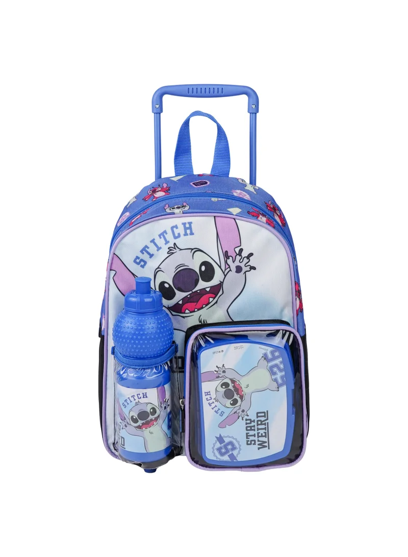 ديزني Disney Stitch Toddler 3-in-1 Trolley Set 13" – Official Lilo & Stitch Rolling Backpack with Water Bottle & Lunch Box, Wheeled Preschool School Bag Set for Kids | Boys & Girls School Bag