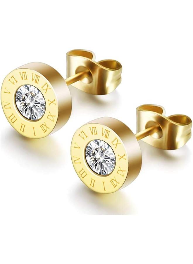 Arabest Stainless Steel Round Shape Cubic Zircon Roman Numbers Stud Earrings