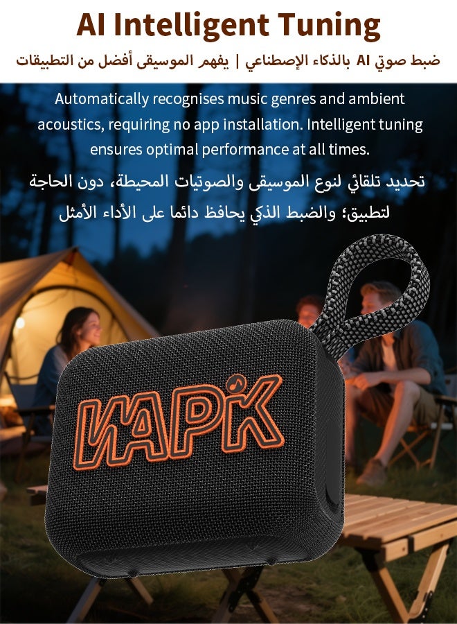 WAPIK Korean Brand Aero 5 Portable Bluetooth Speaker 10W AI Smart Sound Tuning Bluetooth 5.4 IP67 Waterproof Mini Speaker 10H Battery Life TWS Pairing TF Card Play Type-C Fast Charging Carry Strap Outdoor Speaker Black - Image 2