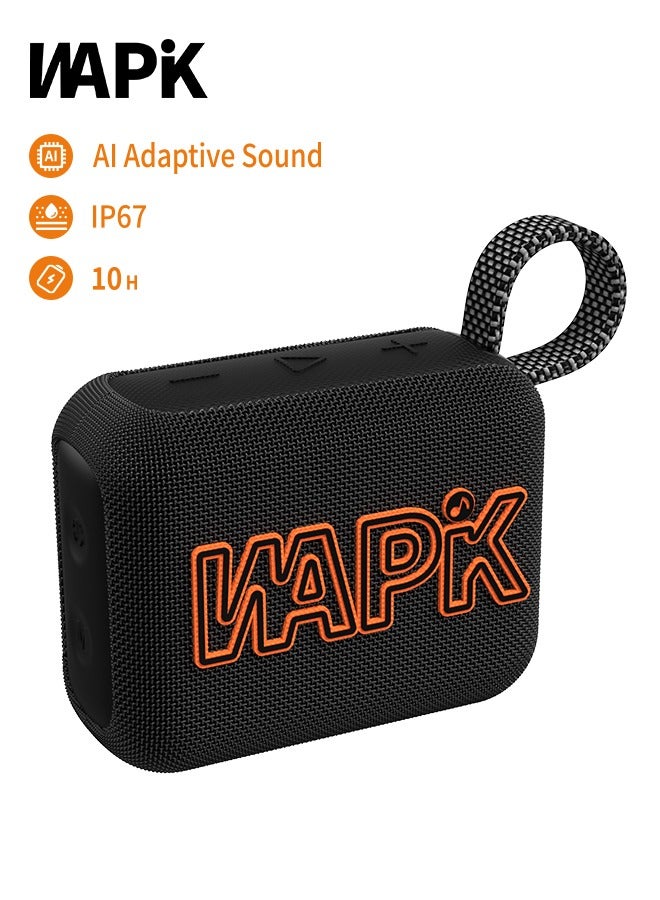 WAPIK Korean Brand Aero 5 Portable Bluetooth Speaker 10W AI Smart Sound Tuning Bluetooth 5.4 IP67 Waterproof Mini Speaker 10H Battery Life TWS Pairing TF Card Play Type-C Fast Charging Carry Strap Outdoor Speaker Black - Image 1