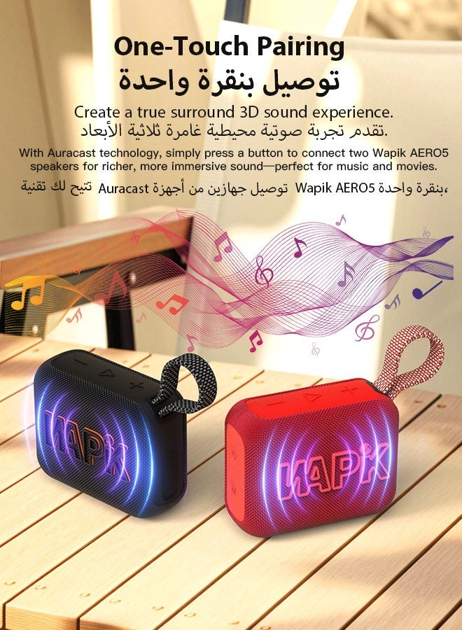 وابيك سماعة بلوتوث محمولة كورين براند Aero 5 بقدرة 10 واط وميزة ضبط الصوت الذكي بالذكاء الاصطناعي وبلوتوث 5.4، مقاومة للماء بمعيار IP67، بطارية تدوم 10 ساعات، اقتران TWS، تشغيل بطاقة TF، شحن سريع Type-C، مزودة بحمالة يد – اللون الأسود - Image 4