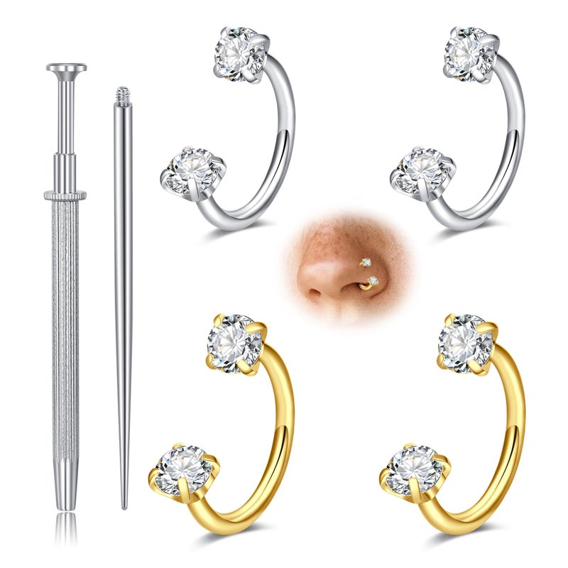 Longita 18g Horseshoe Nose Ring for Women Double Gem Horse Shoe Nose Ring Hoop Surgical Steel Silver Gold Cartilage Helix Tragus Earring Hoops Labret Lip Piercing Jewelry Small Septum Rings 18g 4pcs - Image 1
