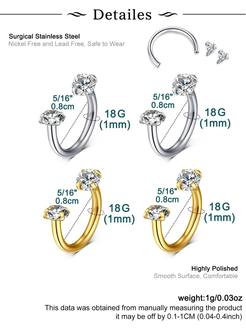 Longita 18g Horseshoe Nose Ring for Women Double Gem Horse Shoe Nose Ring Hoop Surgical Steel Silver Gold Cartilage Helix Tragus Earring Hoops Labret Lip Piercing Jewelry Small Septum Rings 18g 4pcs - Image 2
