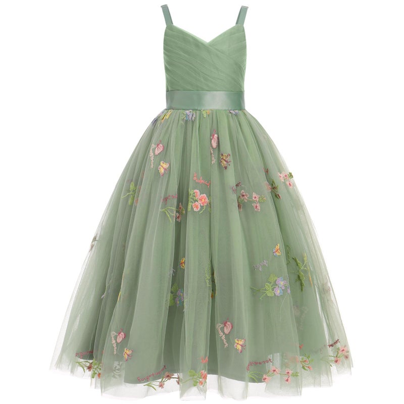 OBEEII Flower Girl Dress for Wedding Pleated V Neck Satin Back Floral Embroidery Tulle Princess Dress Junior Wedding Birthday Pageant Formal Ball Prom Gown Sage Green-Floral 14 Years - Image 1